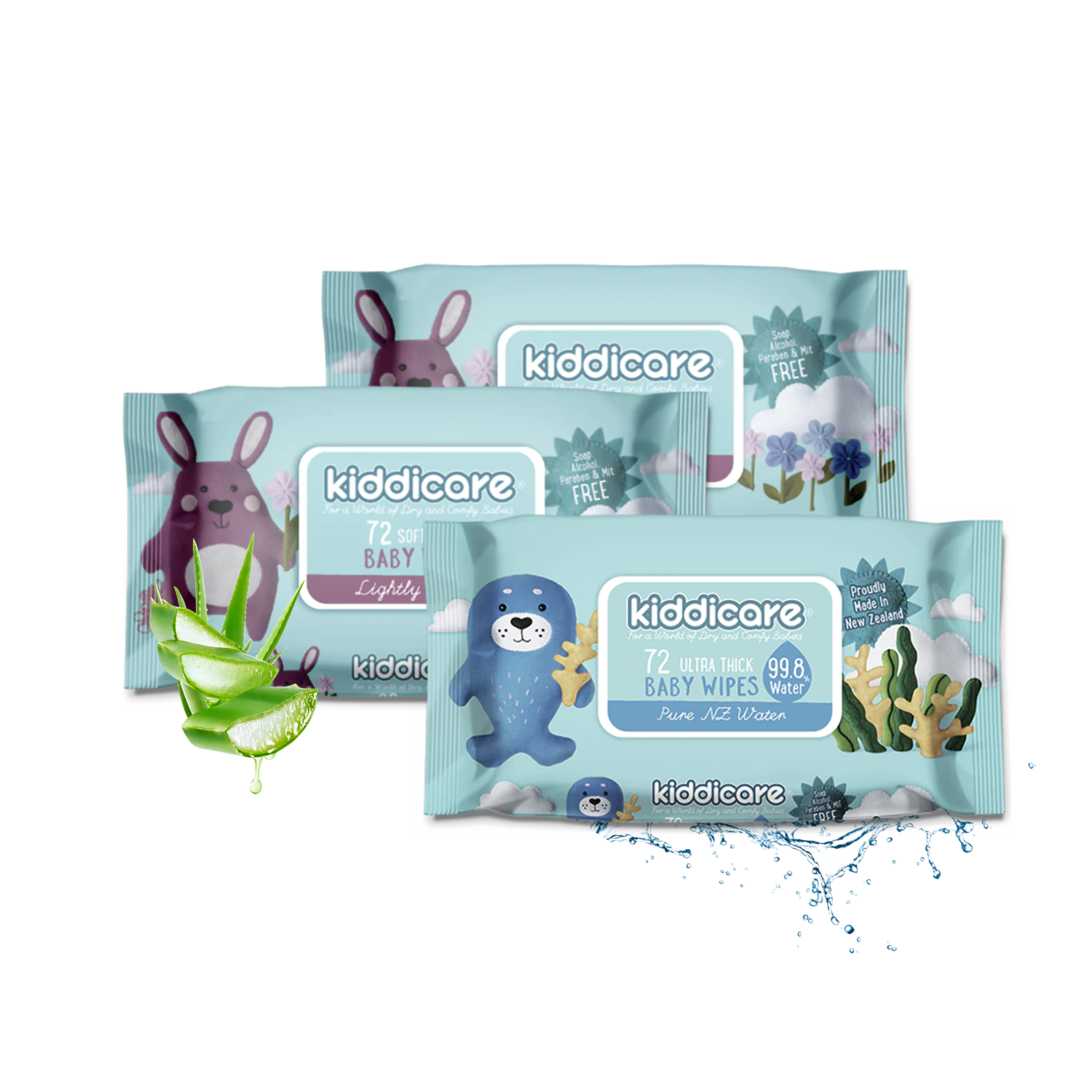 Kiddicare Baby Wipes, Pack of 3, Lightly Scented & Water Wipes, 72 Wipes Per Pack